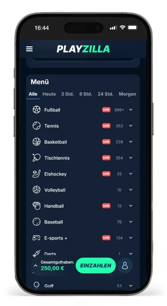 Wettauswahl bei PlayZilla