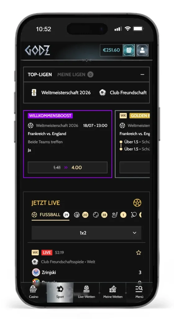 Mobile Ansicht der Wettseite Godz