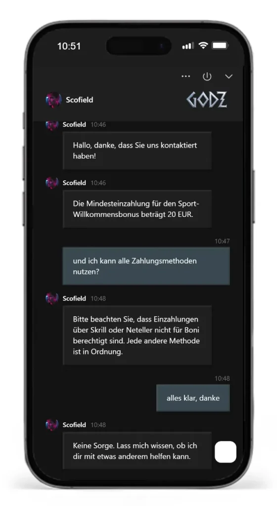 Live Chat mit deutschsprachigem Kundendienstmitarbeiter von Godz