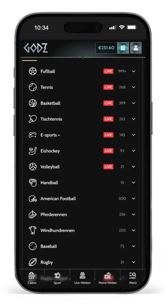 Einblick in die Auswahl an Sportarten fuer Online Sportwetten bei Godz