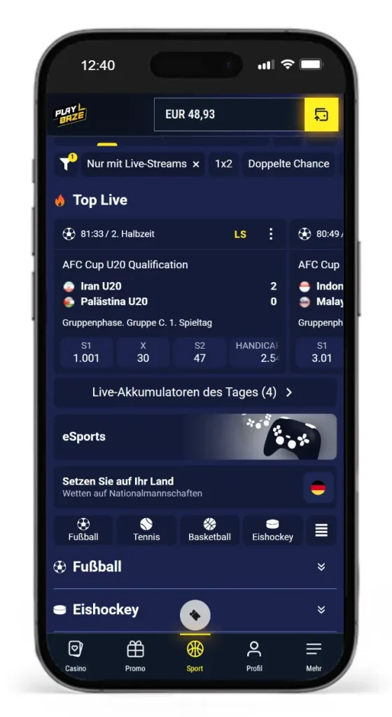 Bereich fuer Online Livewetten bei Playbaze