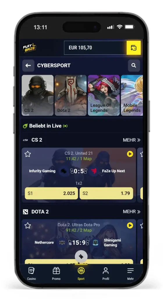 Mobile Ansicht des Sportwettenbereichs fuer eSports Wetten des Wettanbieters Playbaze