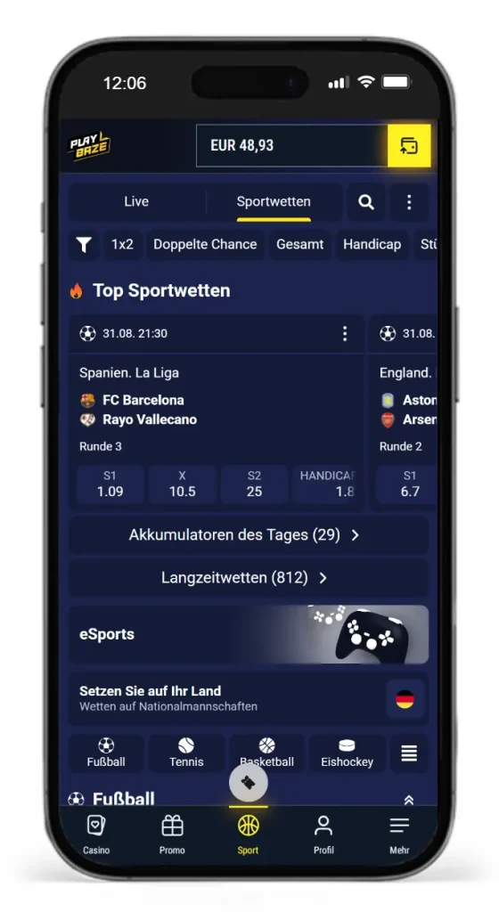 Angebot fuer Online Sportwetten bei Playbaze