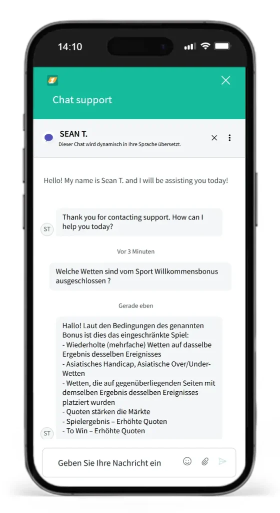 1Bet Kundensupport via Live Chat