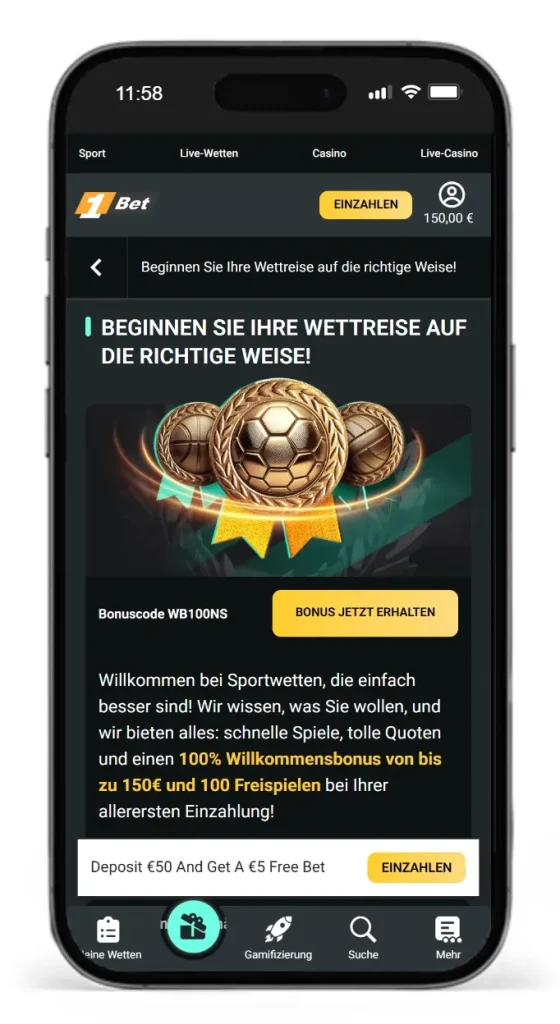 Willkommensbonus fuer Sportwetten von 1Bet