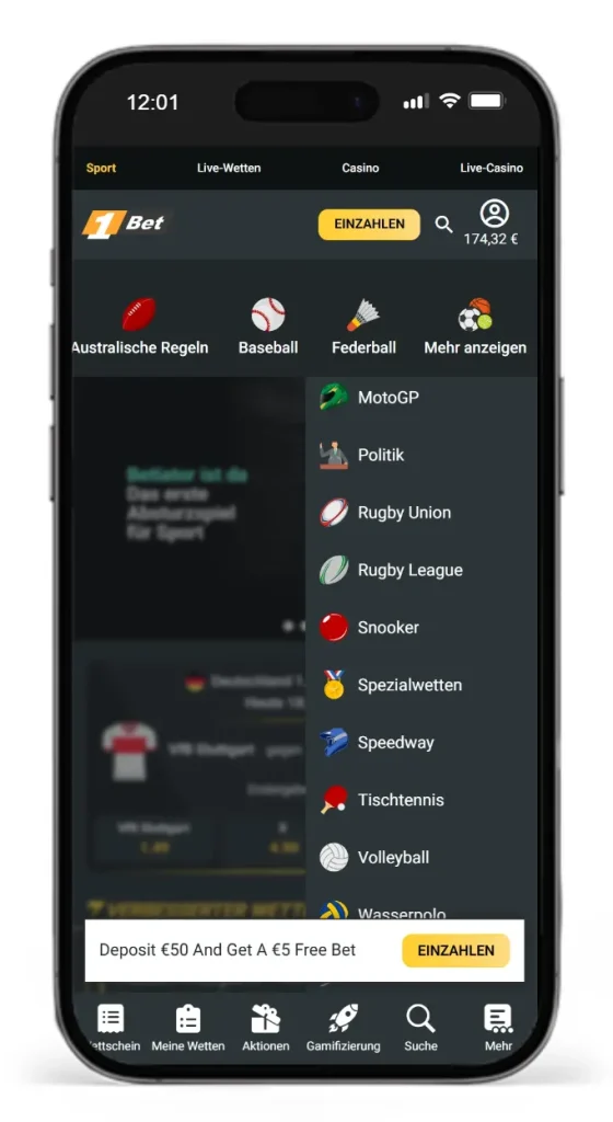Auszug aus den verfuegabaren Sportarten fuer Online Sportwetten bei 1Bet